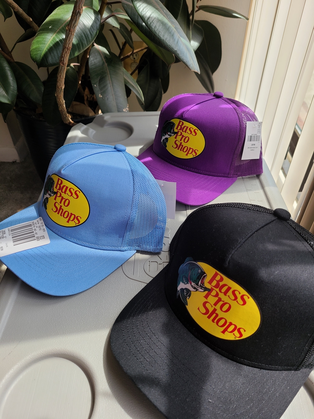 3 Classic Bass Pro Shops Trucker Hats - Black, Purple & Light Blue